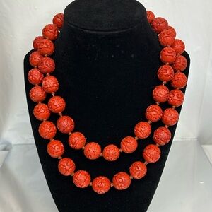 Old Chinese Red Cinnabar Round Carved Flower Beaded Necklace 36” 15mm Beads